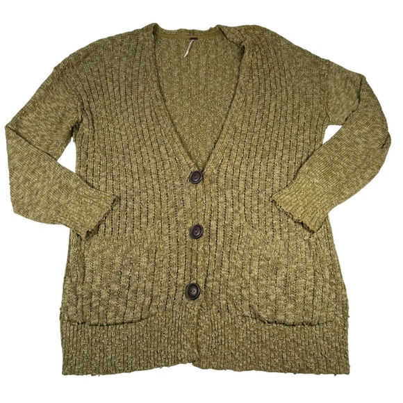 Free People Women Green Chunky Knit Cardigan Sweater Large Oversized Long - Picture 1 of 12